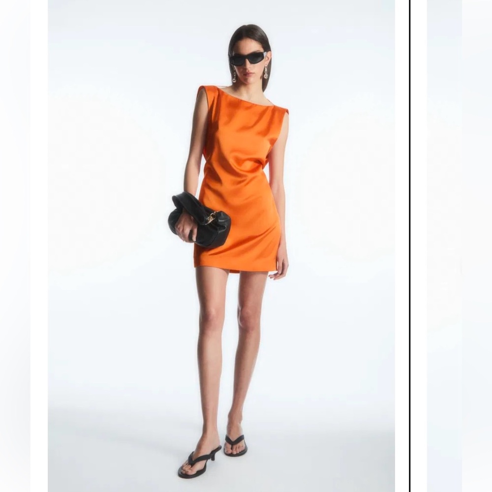 COS Draped Open Back Orange Satin Mini Dress